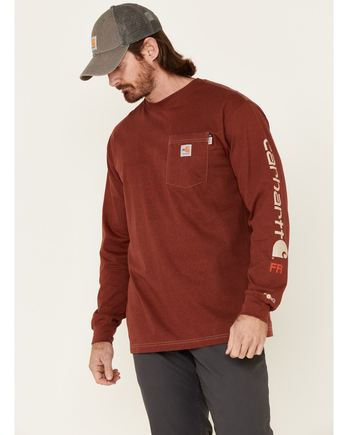 Image #1 - Carhartt Men's FR Force Midweight Signature Long Sleeve Work Pocket T-Shirt, , hi-res