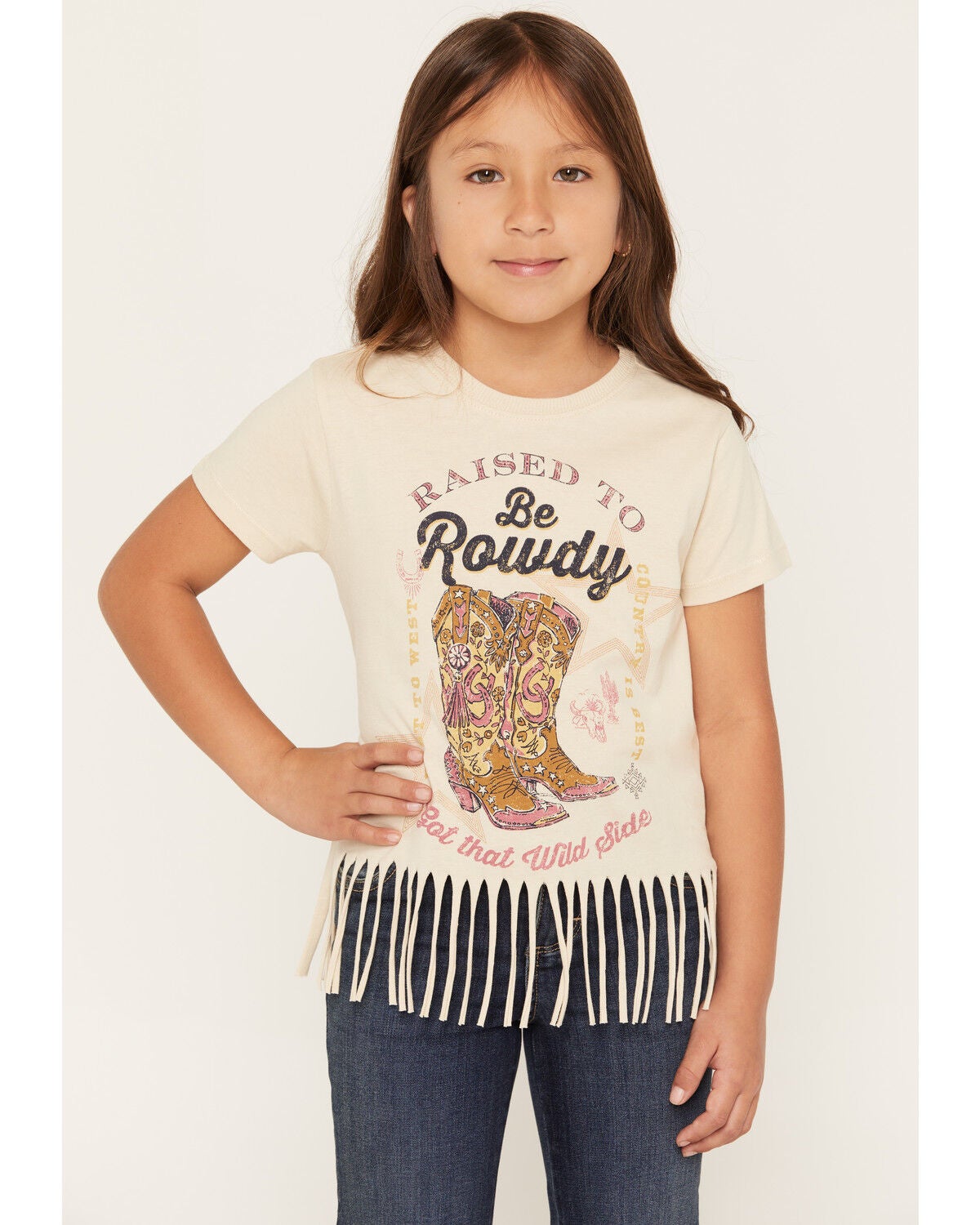 Shyanne Girls' Raised To Be Rowdy Short Sleeve Fringe Graphic Tee, Oatmeal, hi-res