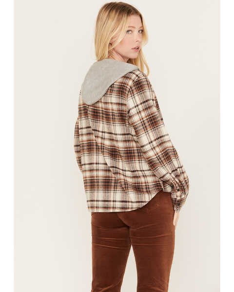 Image #4 - Cleo + Wolf Women's Tau Plaid Print Hooded Flannel Long Sleeve Shirt, Taupe, hi-res