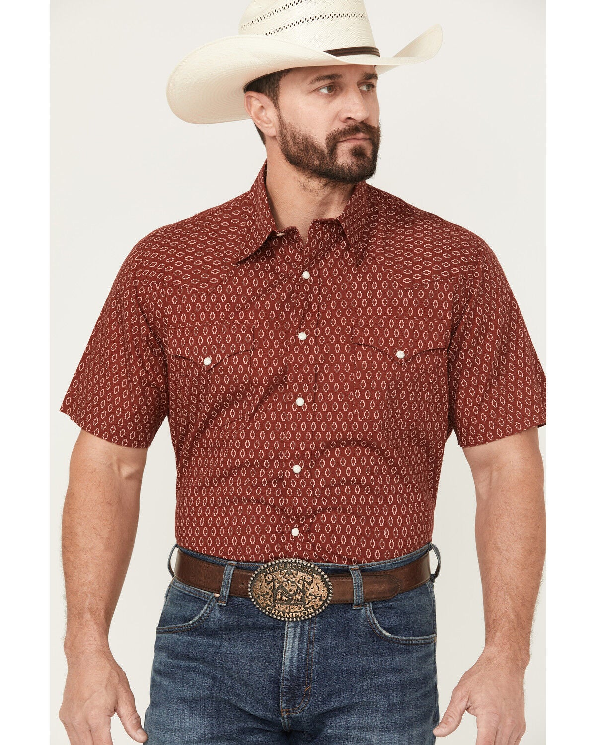 Roper Men's Geo Print Short Sleeve Snap Western Shirt, Red, hi-res