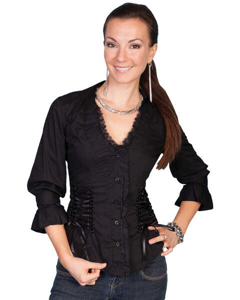 Scully Women's 3/4 Sleeve Ruffle Blouse, Black, hi-res