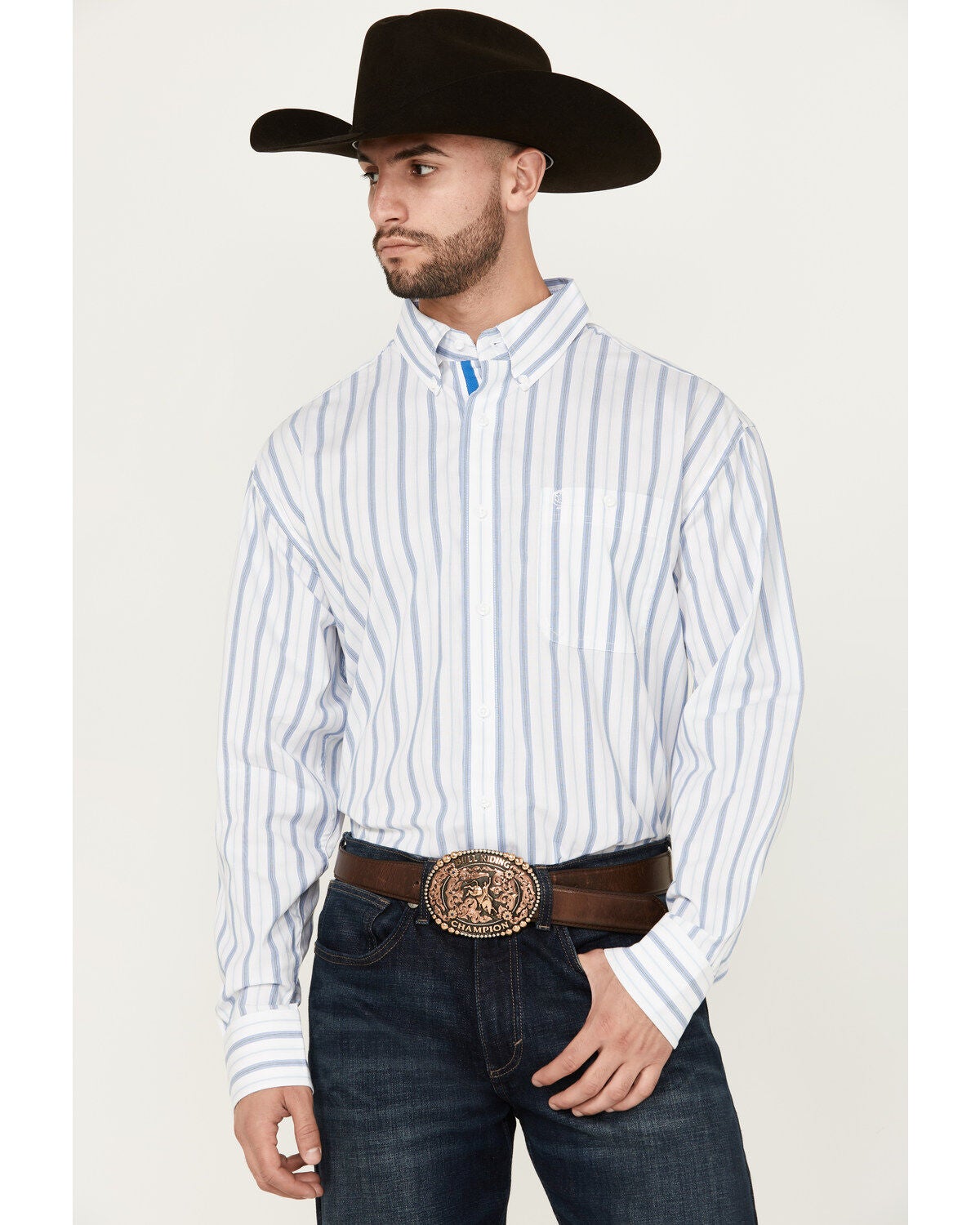 George Strait by Wrangler Men's Striped Long Sleeve Button-Down Stretch Western Shirt, White, hi-res