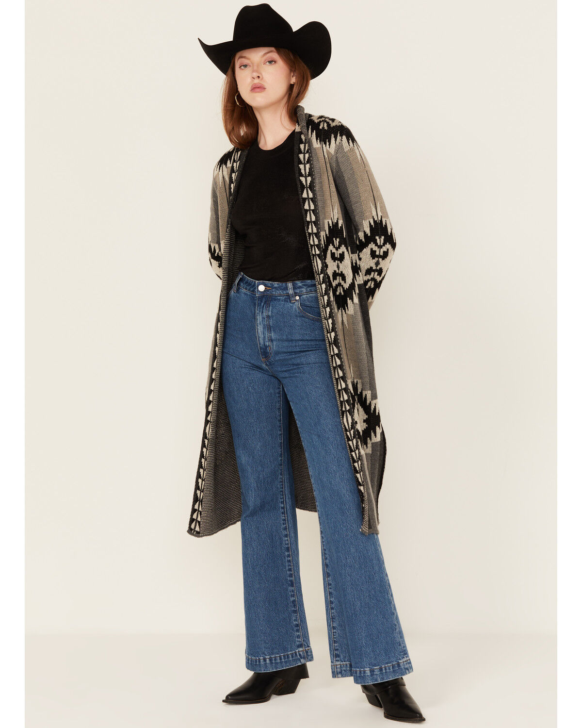 Rock & Roll Denim Women's Southwestern Print Duster Cardigan, Black, hi-res