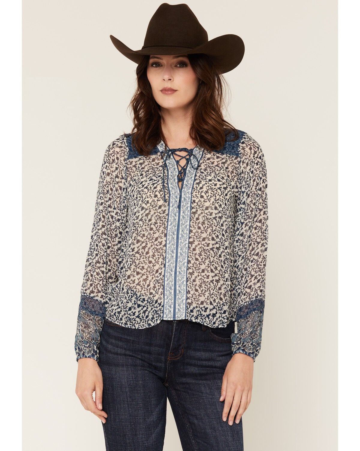 Image #1 - Idyllwind Women's Georgette Clover Long Sleeve Blouse, Light Blue, hi-res
