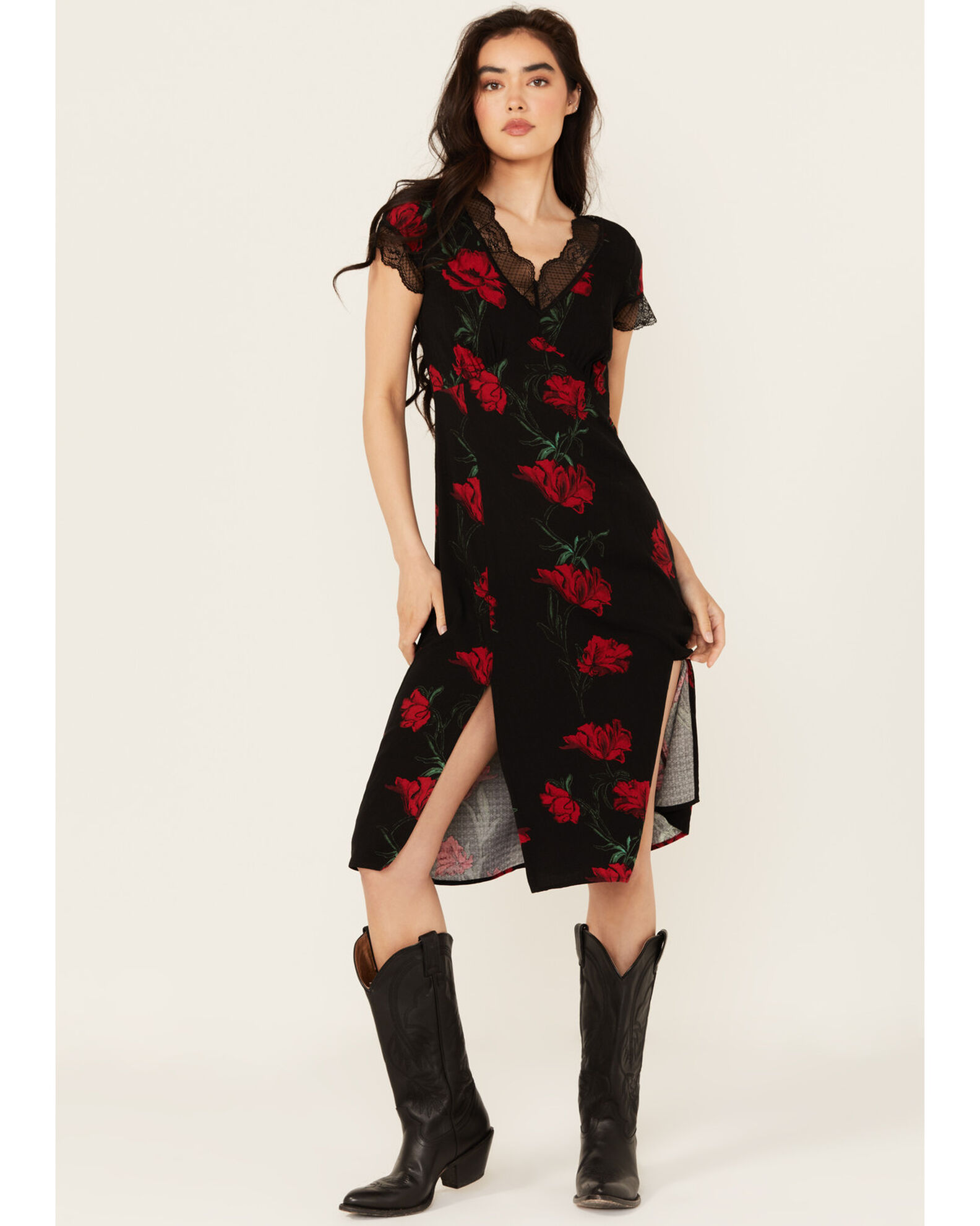 Lace Trimmed Floral Dress(black.M)