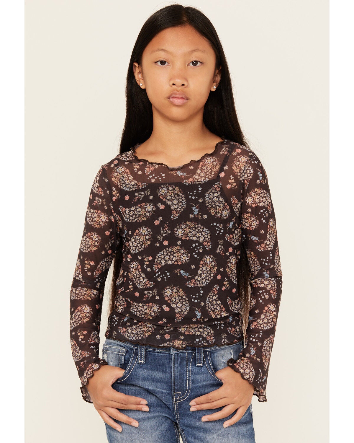 Trixxi Girls' Paisley Print Long Sleeve Mesh Top, Black, hi-res