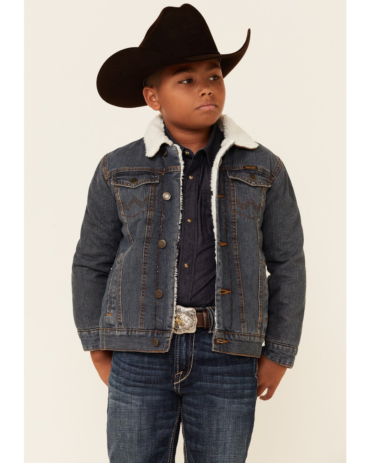 Wrangler Boys' Rustic Sherpa Lined Denim Jacket, Blue, hi-res