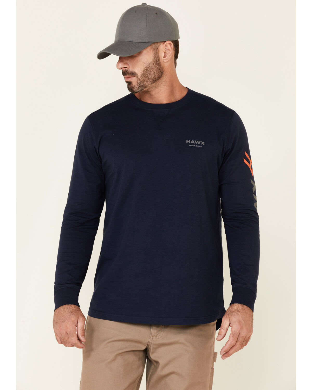 Image #1 - Hawx Men's Navy Original Logo Crew Long Sleeve Work T-Shirt, , hi-res