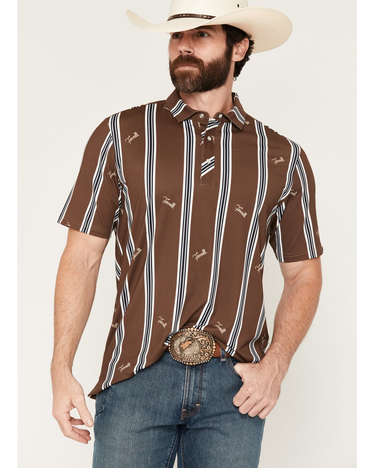 Image #1 - Ferrell Men's Rhett Striped Print Short Sleeve Snap Stretch Polo Shirt, Brown, hi-res