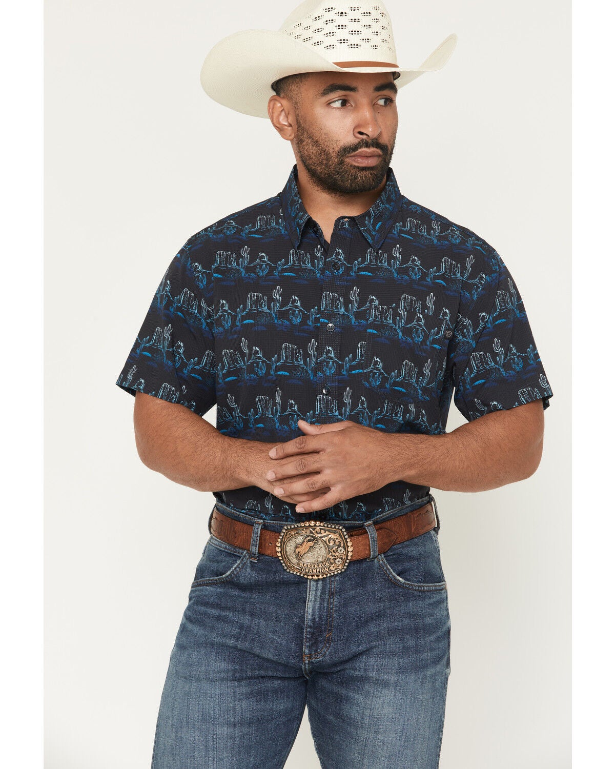Rock & Roll Denim Men's Tek Desert Print Short Sleeve Button-Down Stretch Western Shirt, Black, hi-res