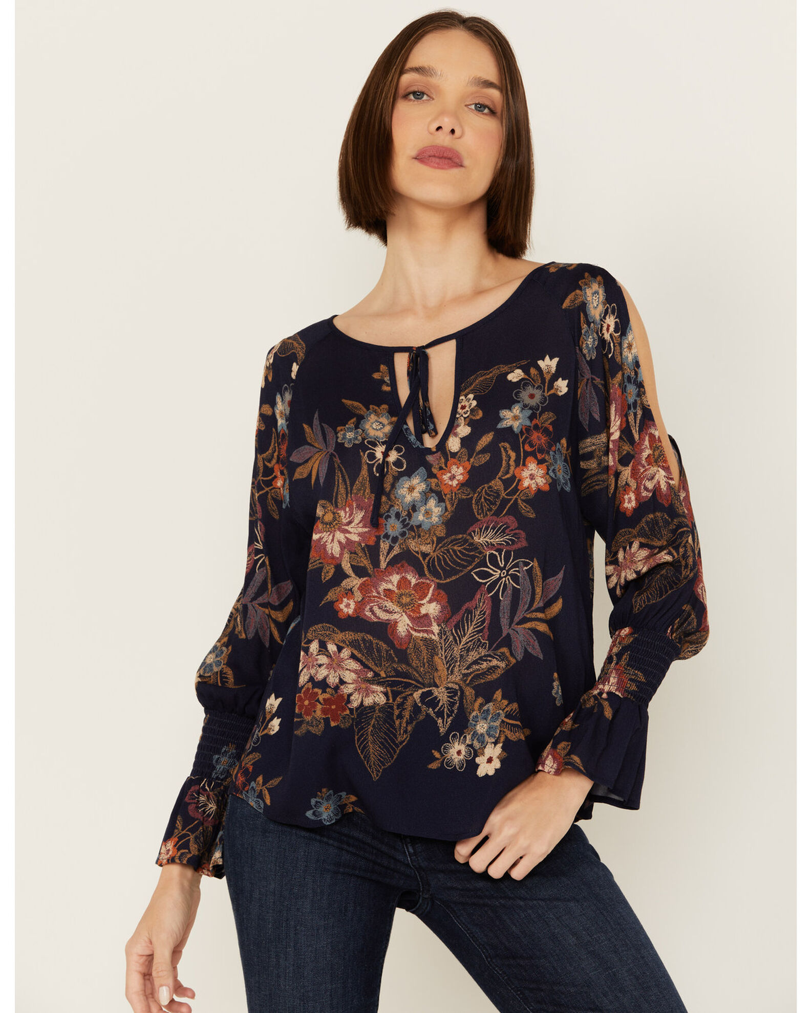 Wild Moss Women's Floral Printed Cold Shoulder Top