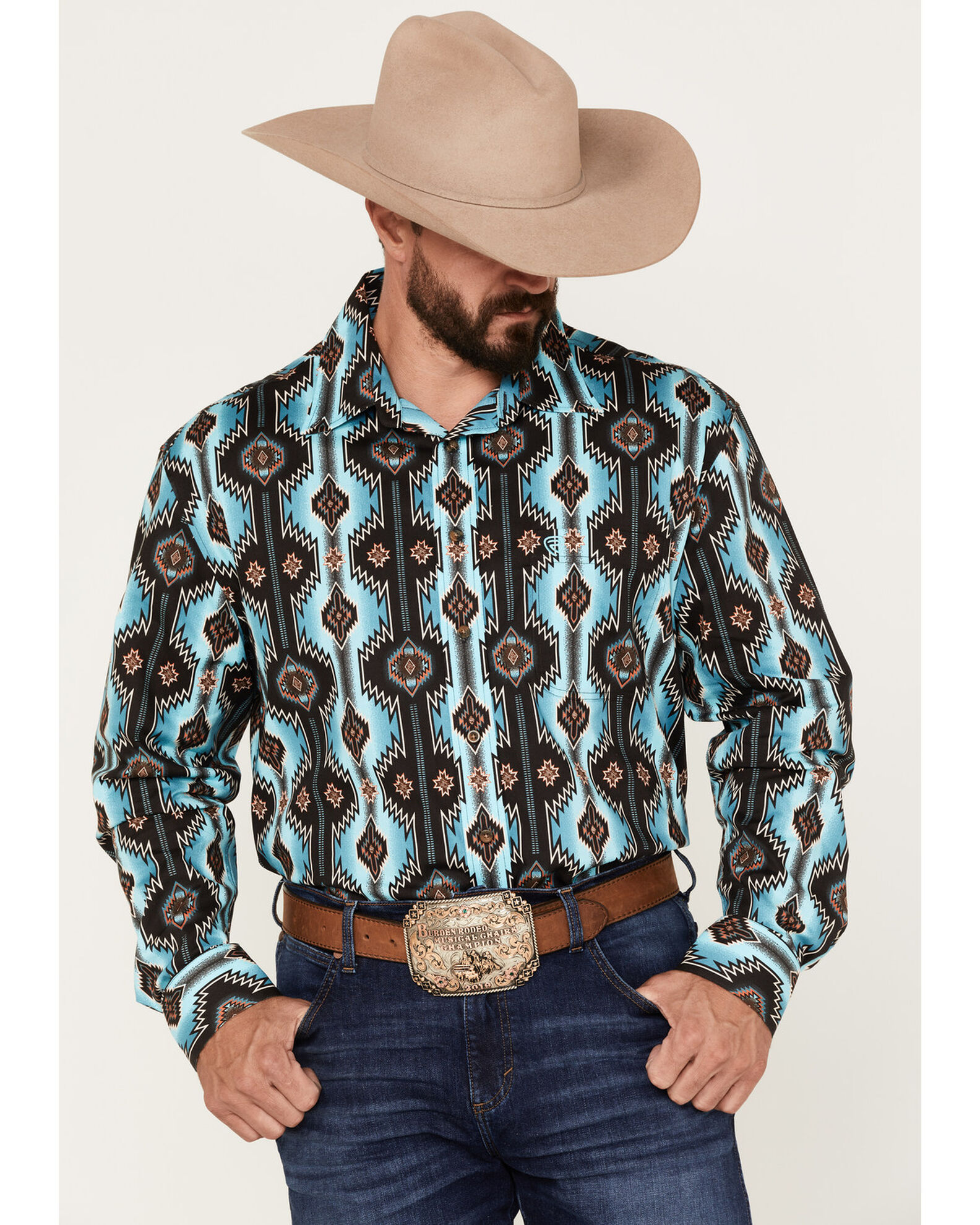 Product Name Rock Roll Denim Men s Southwestern Print Stretch Long Sleeve Button Down Shirt