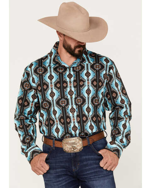 Panhandle Men's R&R Southwestern Print Stretch Long Sleeve Button-Down Shirt, Teal, hi-res