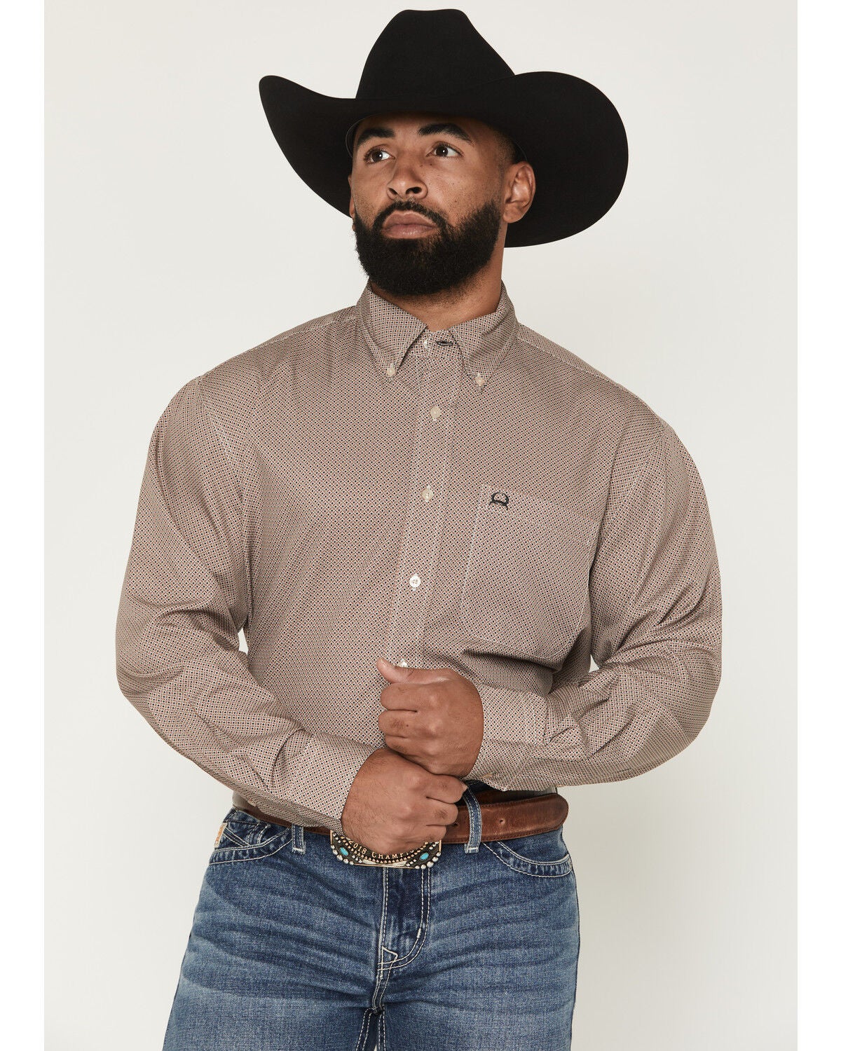 Cinch Men's AF Geo Print Long Sleeve Button-Down Stretch Western Shirt, Brown, hi-res
