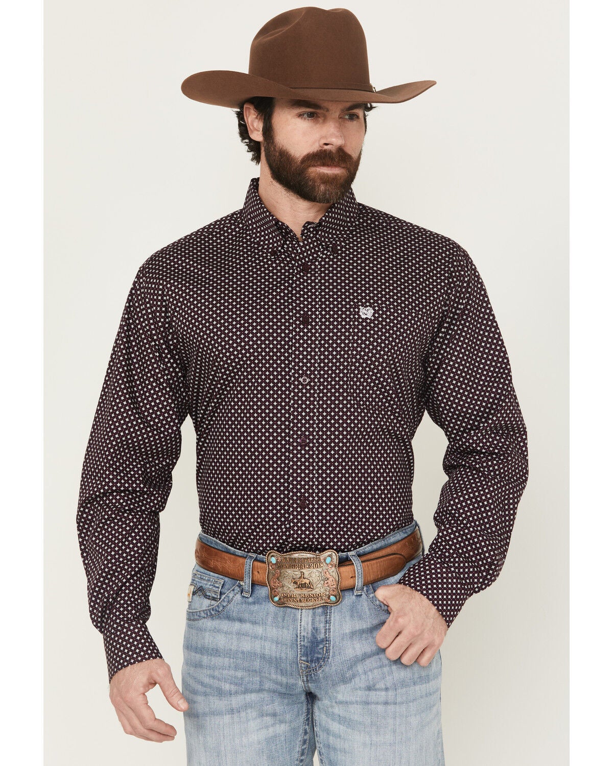 Cinch Men's Geo Print Long Sleeve Button-Down Western Shirt, Purple, hi-res