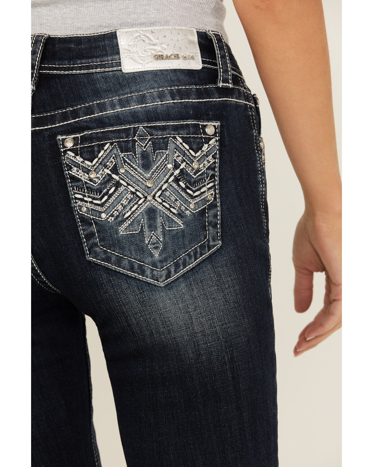 Grace in LA Women's Dark Wash Mid Rise Geo Pocket Bootcut