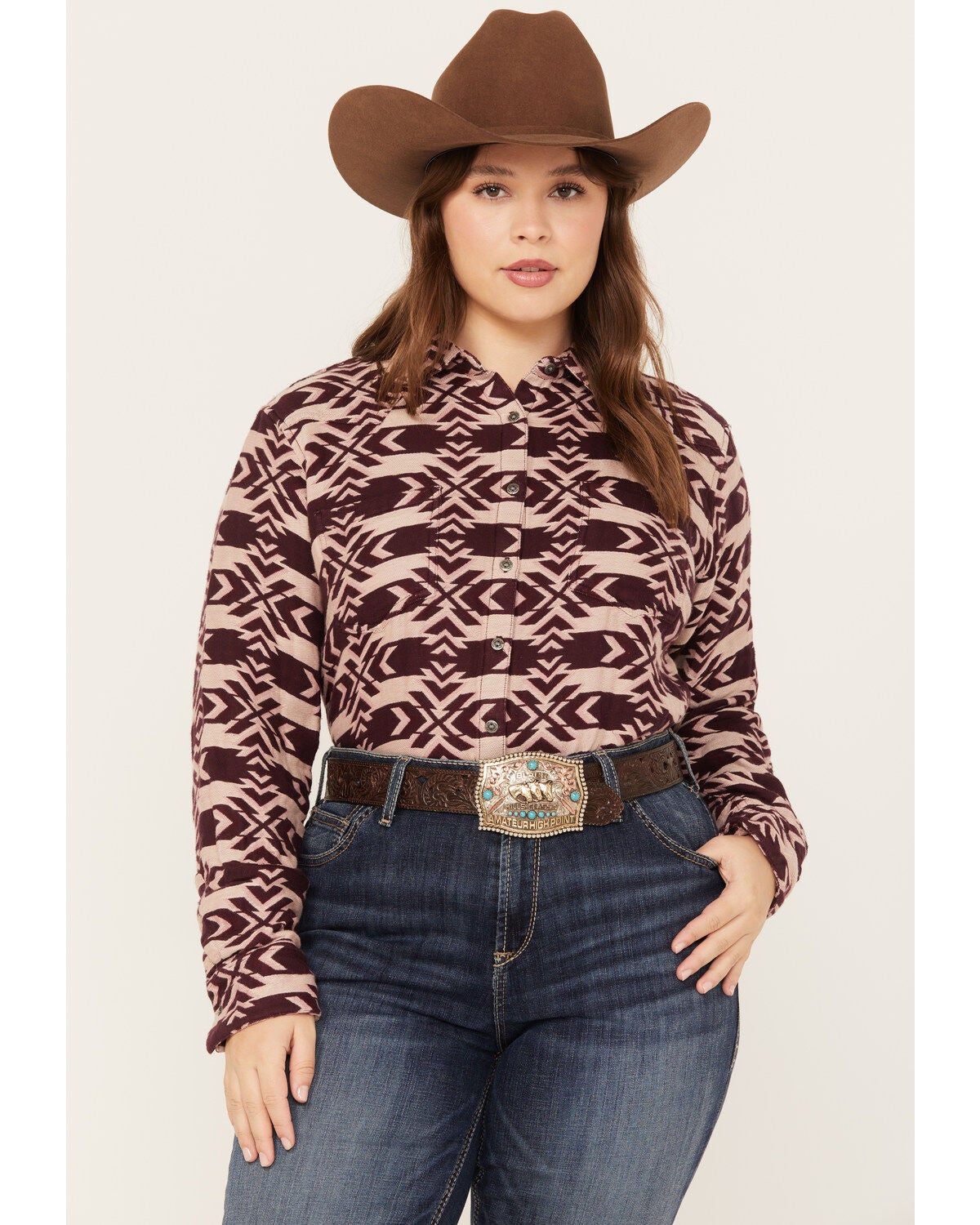 Ariat Women's Billie Jean Southwestern Jacquard Long Sleeve Button-Down Shirt - Plus, Purple, hi-res