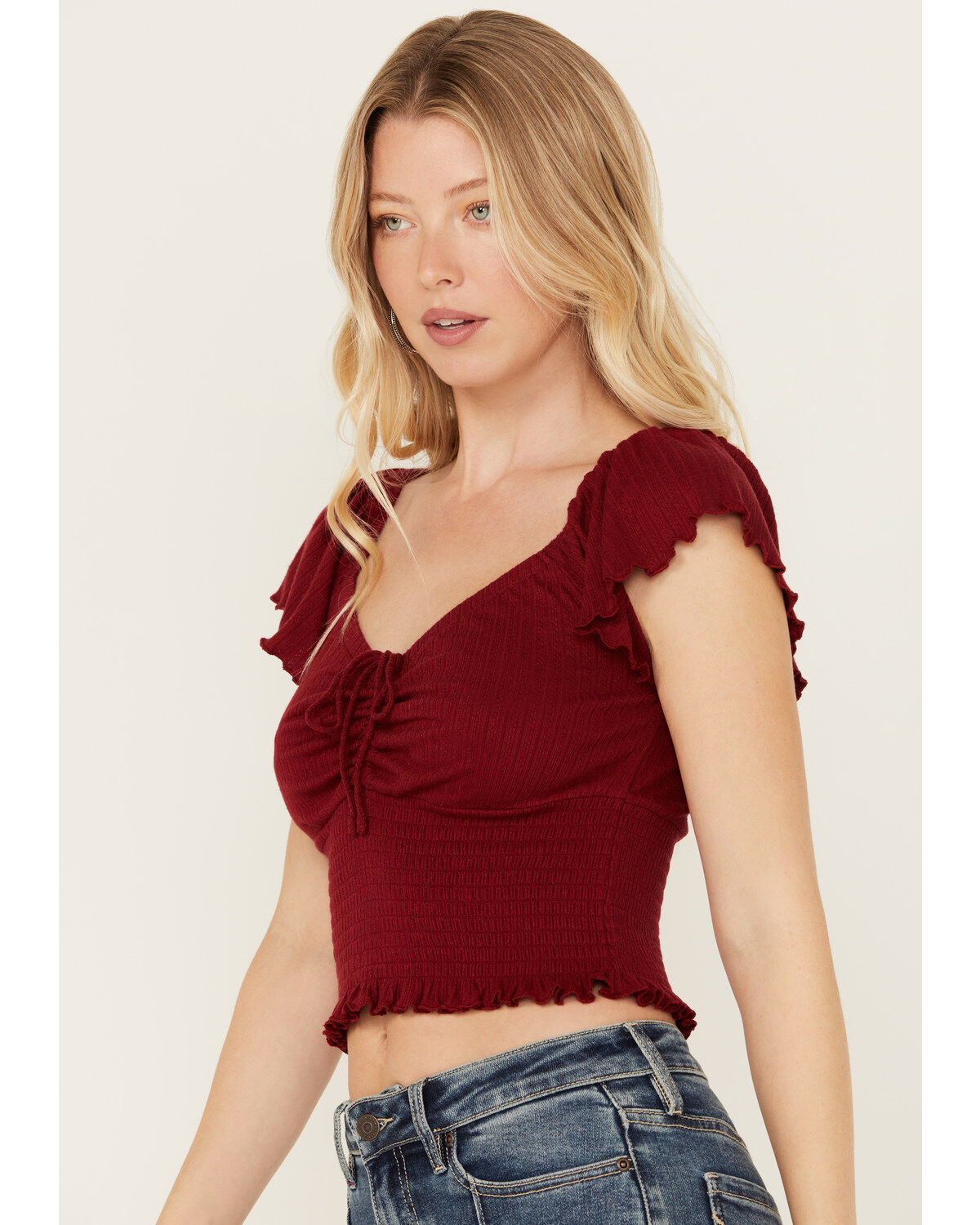 Image #3 - Idyllwind Women's Pointe Flutter Sleeve Smocked Top, Dark Red, hi-res