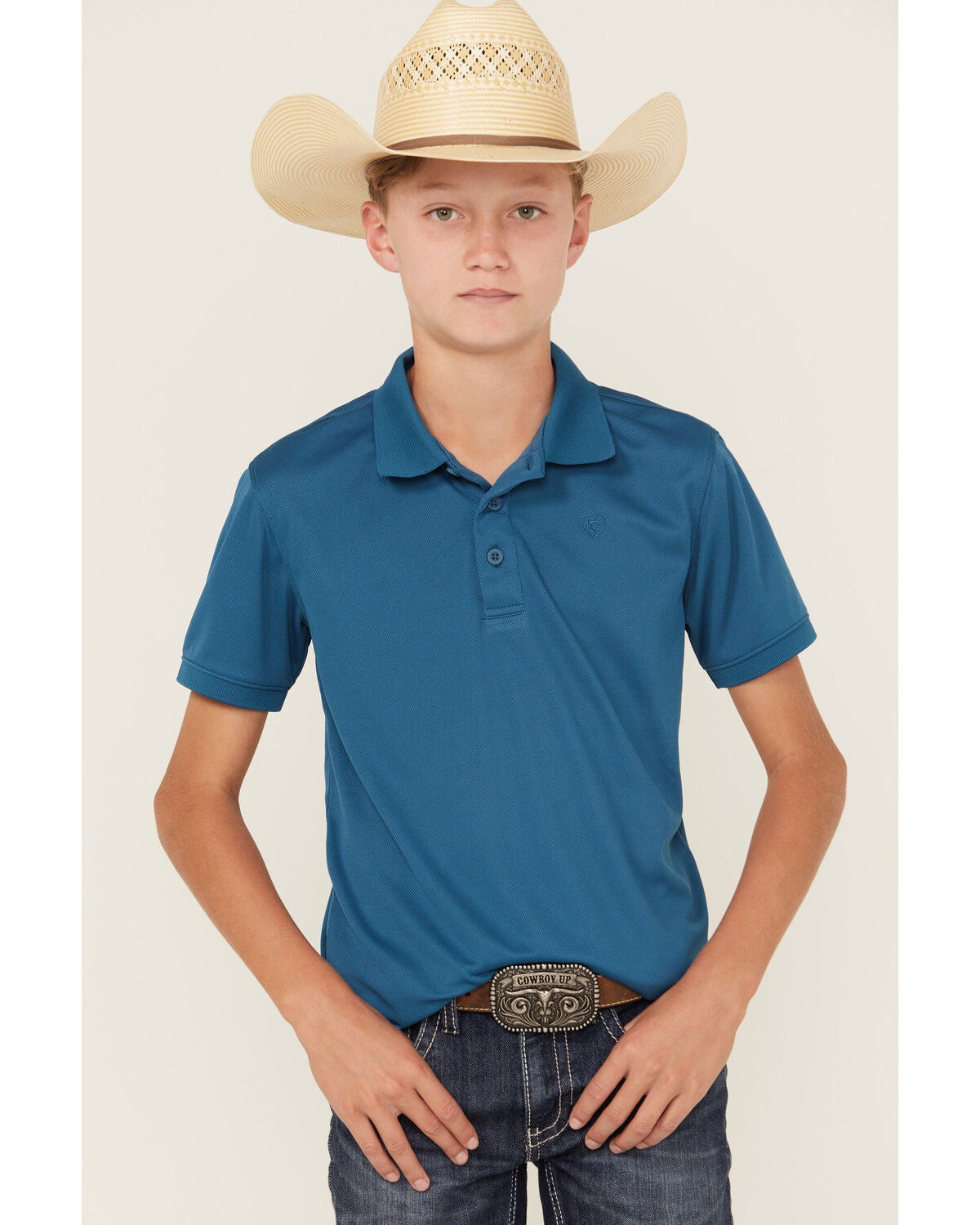 Ariat Boys' Tek Short Sleeve Button-Down Polo Shirt, Blue, hi-res