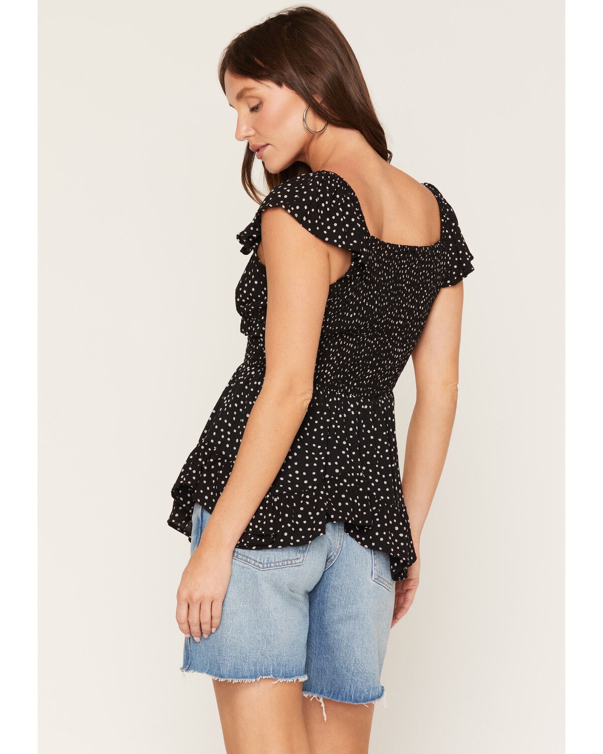 Image #4 - Angie Women's Polka Dot Lace Trim Hanky Hem Short Sleeve Top, Black, hi-res