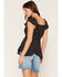 Image #4 - Angie Women's Polka Dot Lace Trim Hanky Hem Short Sleeve Top, Black, hi-res