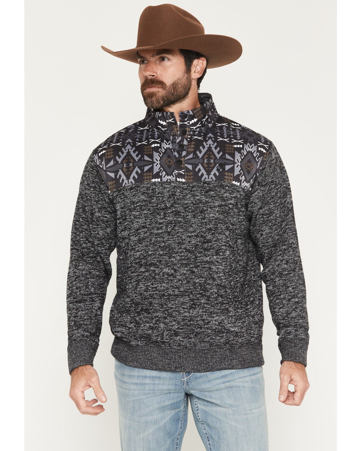 Hooey Men's Stevie Colorblock Southwestern Print 1/4 Snap Pullover, Black, hi-res