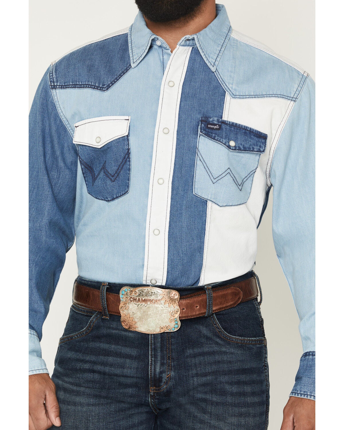 Image #3 - Wrangler Men's Brushpopper Denim Block Long Sleeve Snap Western Shirt, , hi-res