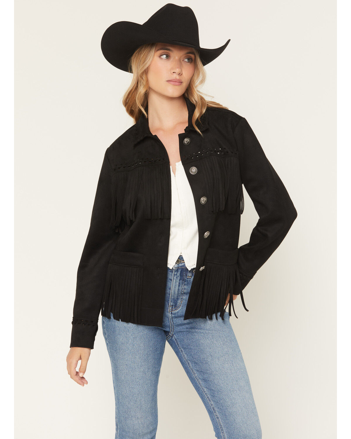 Image #1 - Idyllwind Women's Norton Faux Suede Bonded Fringe Shacket, Black, hi-res