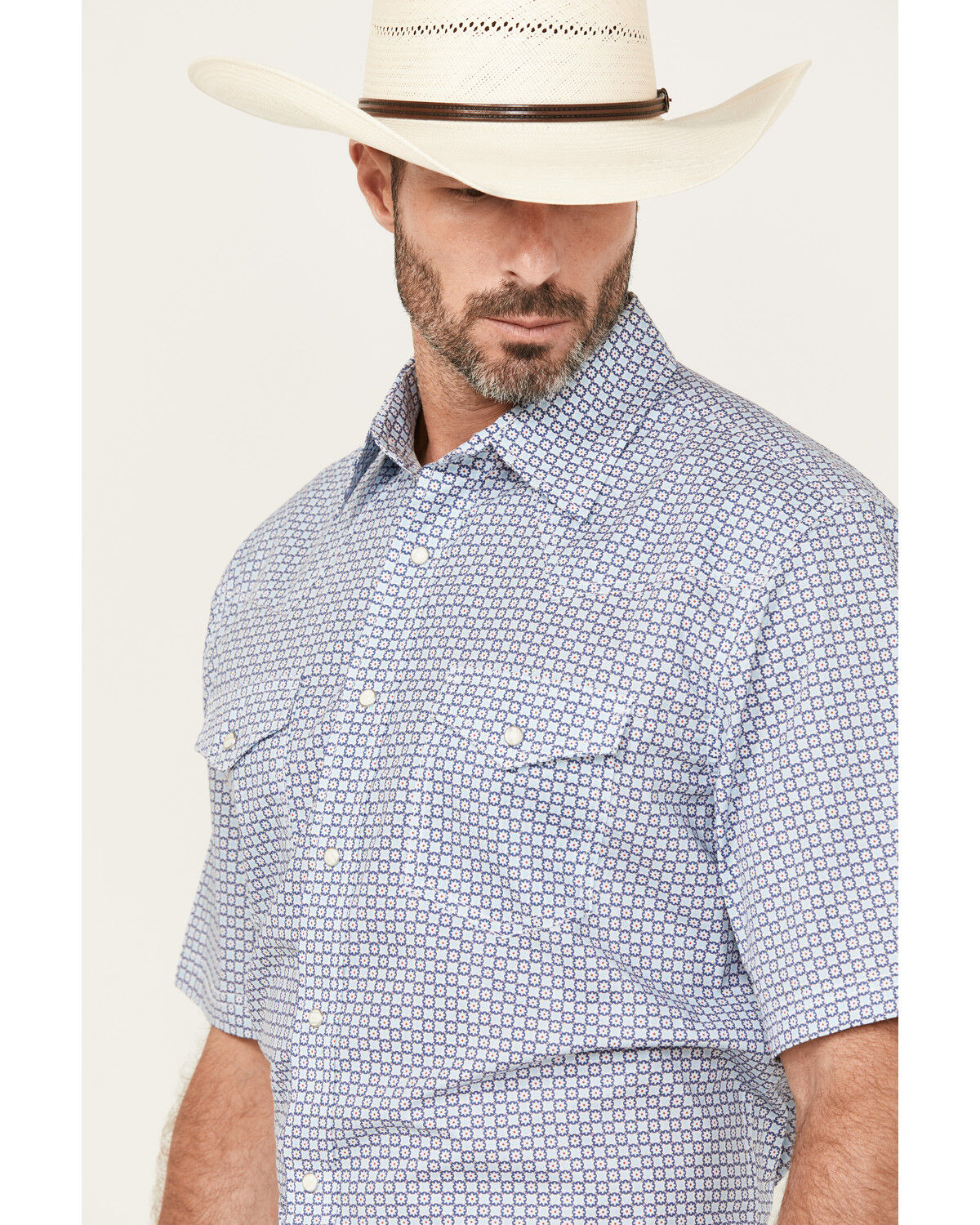 Image #2 - Wrangler 20X Men's Geo Print Short Sleeve Snap Stretch Western Shirt, Blue, hi-res