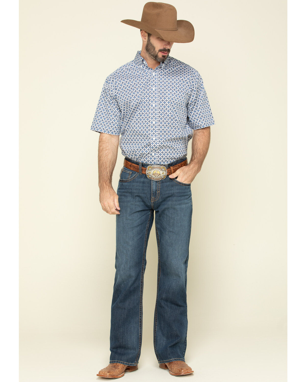 Image #6 - Tuf Cooper Men's Competition White Stretch Geo Print Short Sleeve Western Shirt, , hi-res