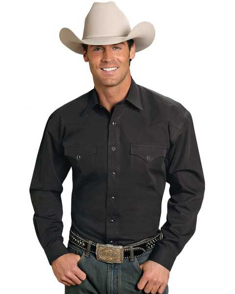Stetson Men's Solid Oxford Snap Long Sleeve Western Shirt, Black
