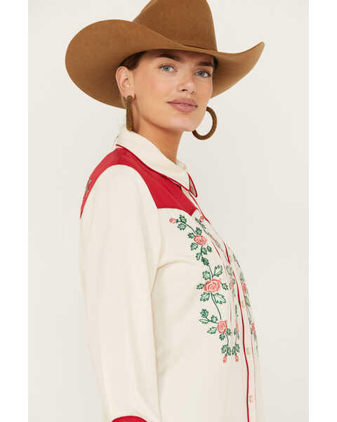 Scully Women's Floral Embroidered Long Sleeve Western Pearl Snap Shirt, Ivory, hi-res