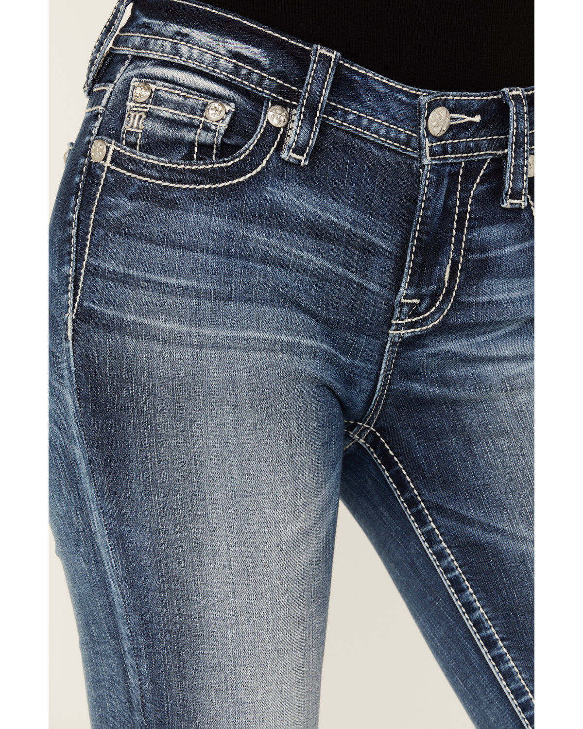 Product Name:  Miss Me Women's Dark Wash Mid Rise Fleur de Lis Bootcut Stretch Denim Jeans