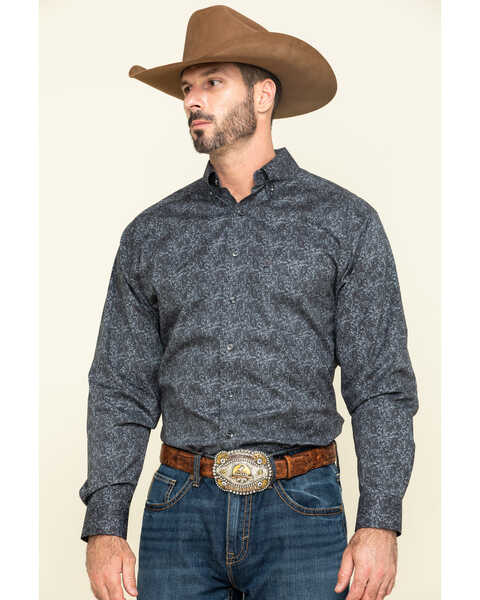 Tuf Cooper Men's Black Stretch Paisley Poplin Print Long Sleeve Western Shirt , Charcoal, hi-res