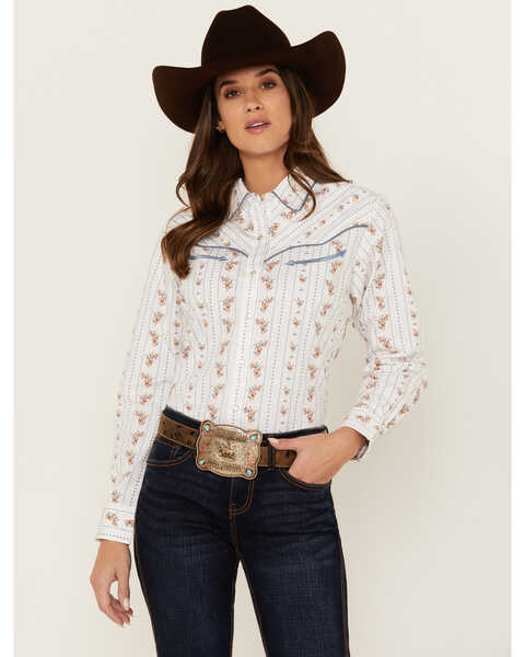 Cumberland Outfitters Floral Long Sleeve Pearl Snap Western Shirt , White, hi-res