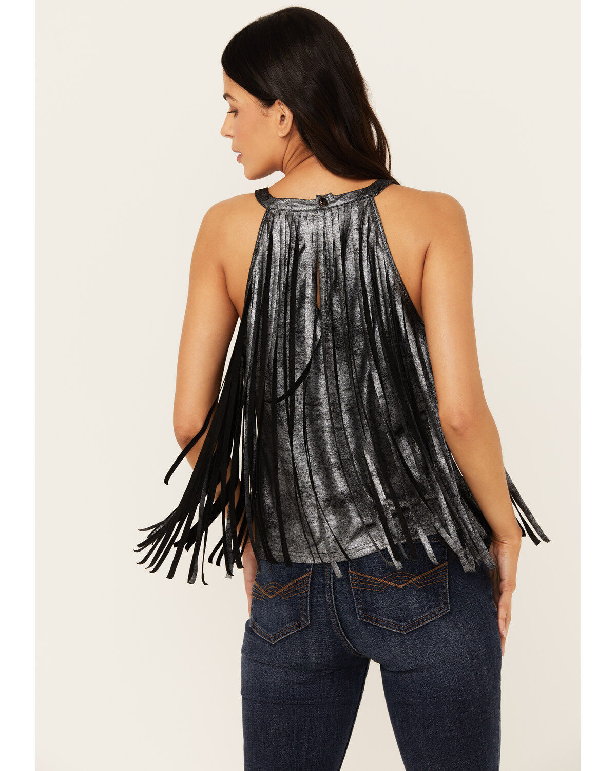 Image #4 - Idyllwind Women's Prescott Foiled Faux Suede Fringe Tank, Black, hi-res