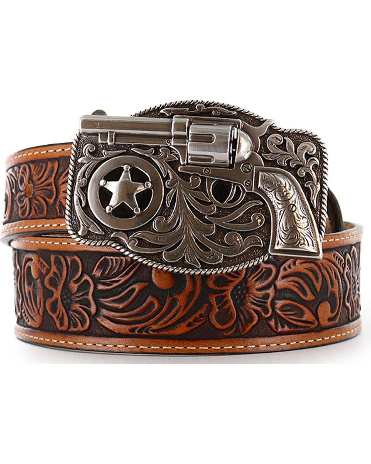 Justin Kid's Tooled Leather Belt, Brown, hi-res