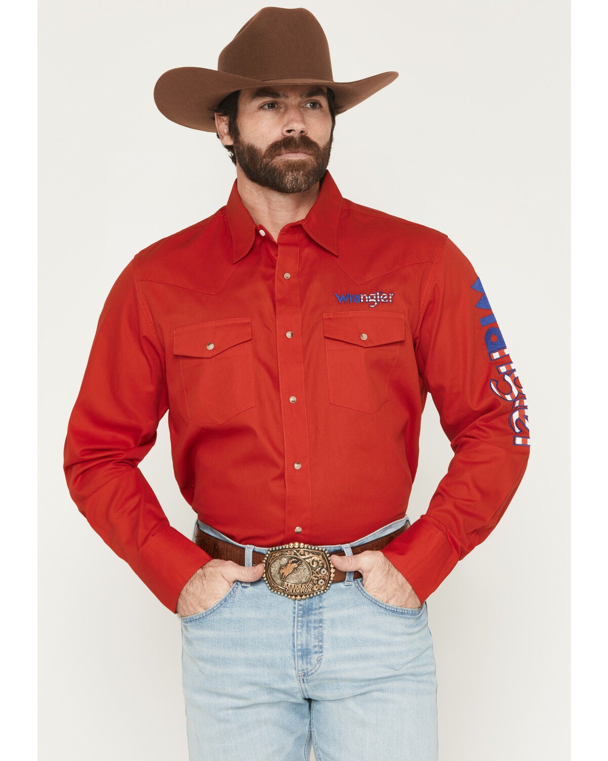 Wrangler Men's Americana Fill Logo Long Sleeve Snap Western Shirt, Red, hi-res