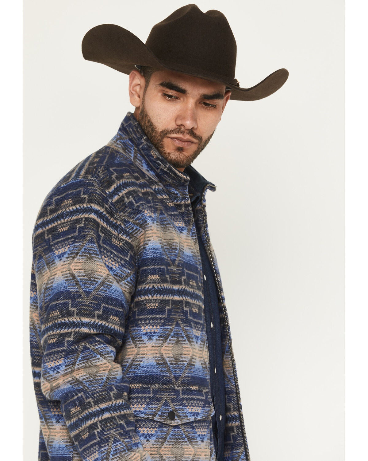 Image #2 - Rock & Roll Men's Southwestern Print Jacquard Bomber Jacket, Blue, hi-res