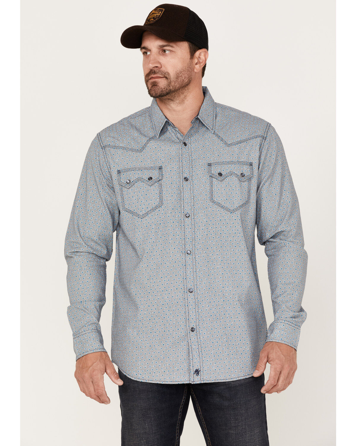 Image #1 - Moonshine Spirit Men's Bull Eye Floral Plaid Print Long Sleeve Pearl Snap Western Shirt, Navy, hi-res
