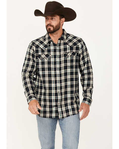 Moonshine Spirit Men's Acoustic Plaid Print Long Sleeve Snap Western Shirt, Black, hi-res
