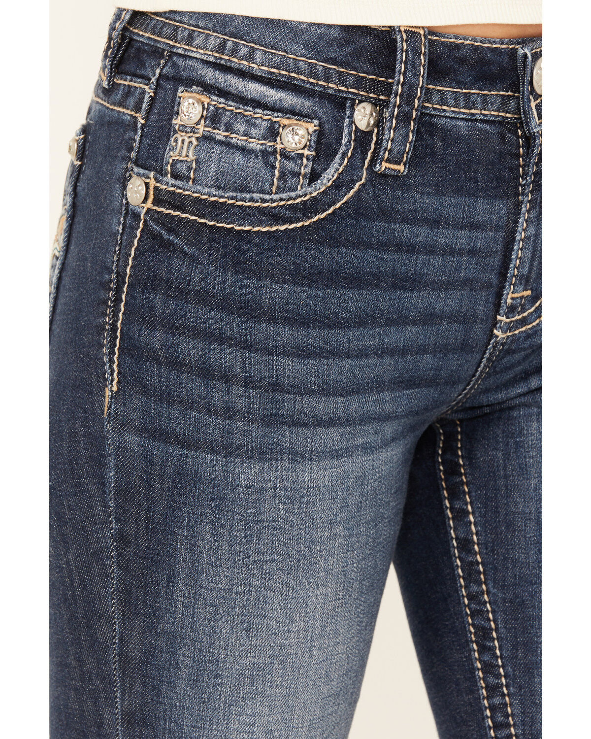 Image #4 - Miss Me Women's Dark Wash Mid Rise 34" Bootcut Stretch Denim Jeans, Dark Wash, hi-res