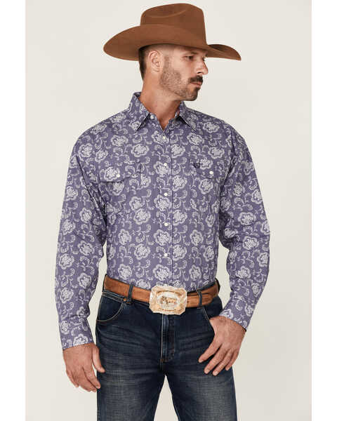 Panhandle Select Men's Navy Floral Print Long Sleeve Snap Western Shirt , Navy, hi-res