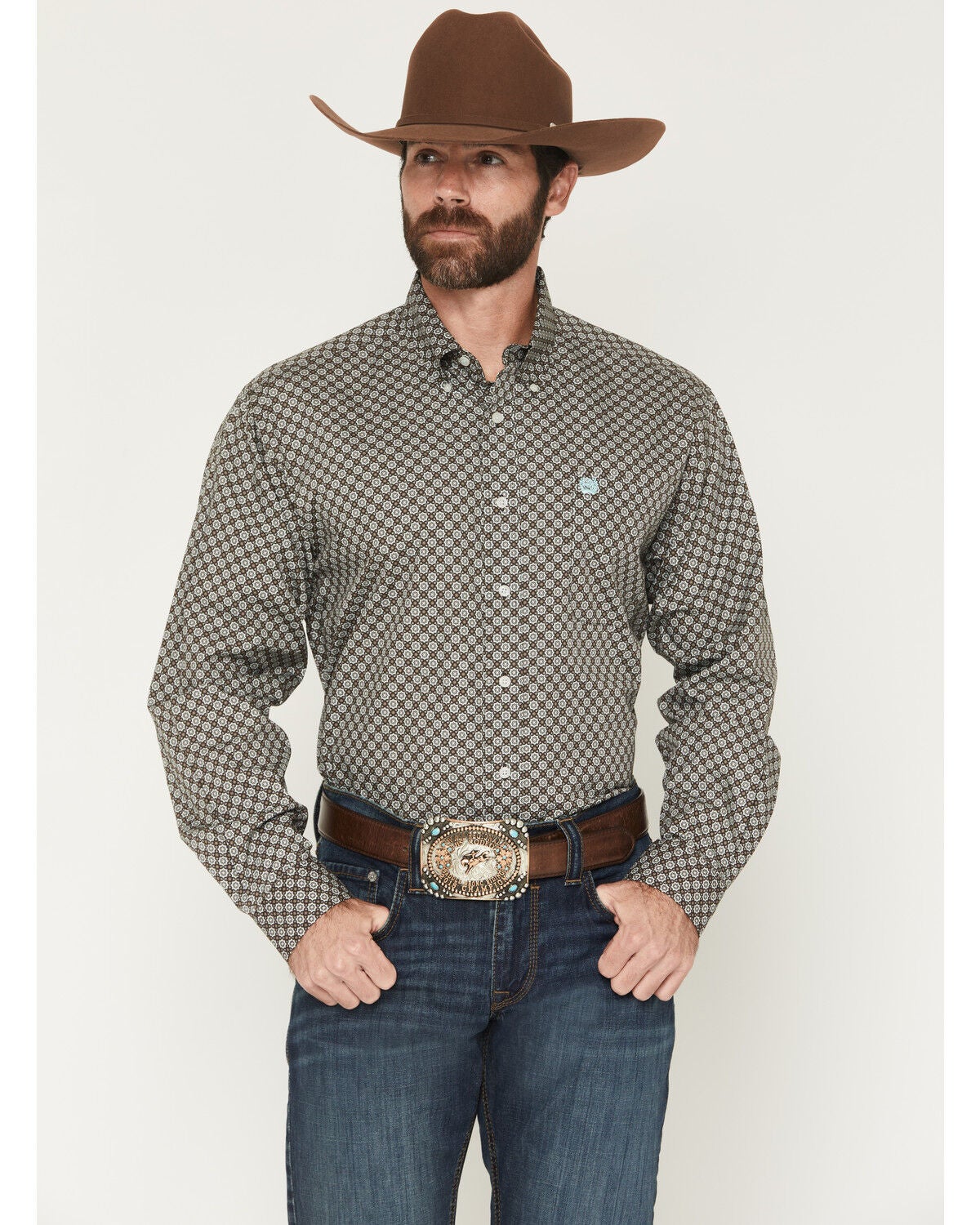 Cinch Men's Geo Print Long Sleeve Button-Down Western Shirt, Brown, hi-res