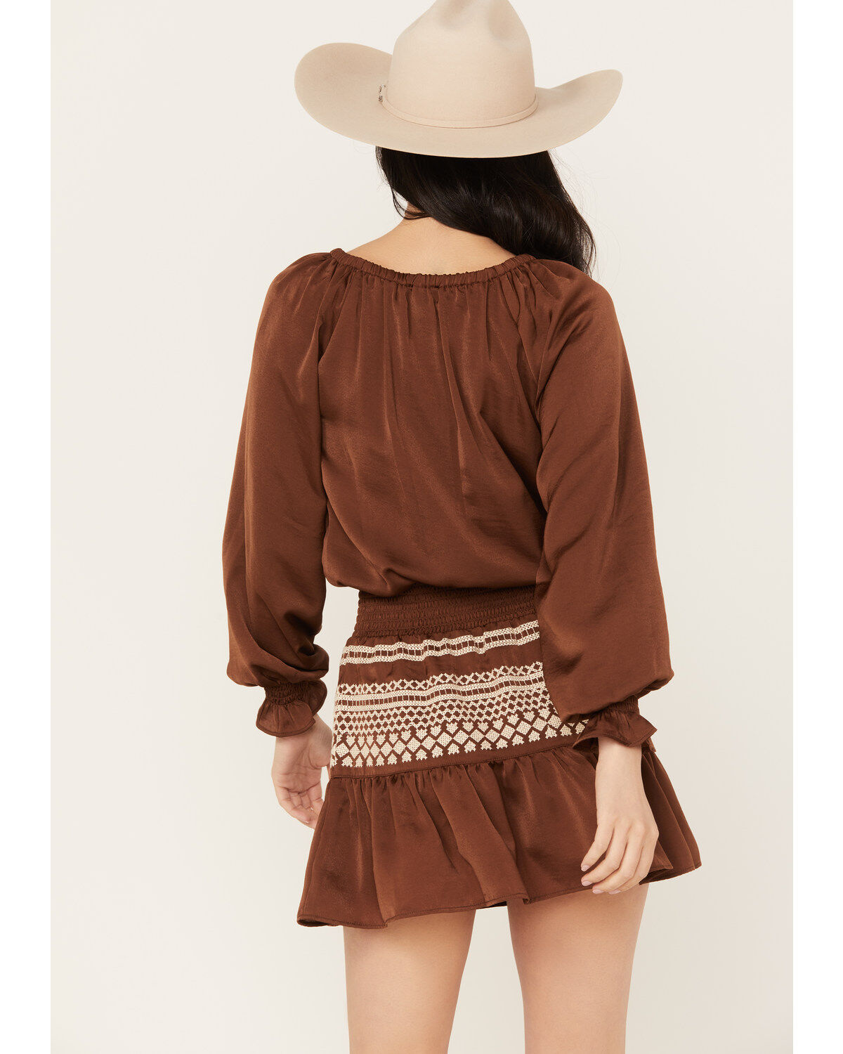 Image #4 - Shyanne Women's Satin Peasant Mini Dress, Dark Brown, hi-res