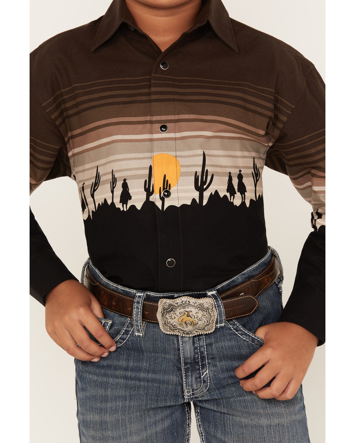 Image #3 - Panhandle Boys' Cactus Sunset Border Print Long Sleeve Snap Western Shirt, , hi-res