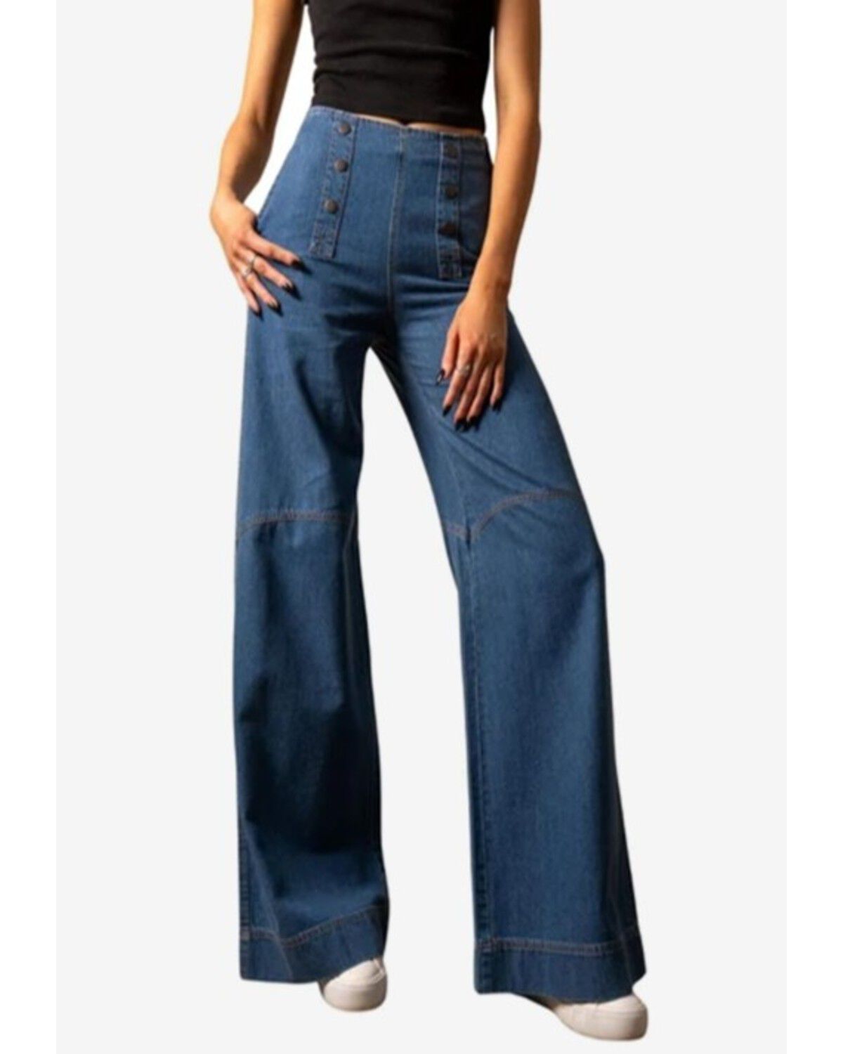 Image #1 - Kimes Ranch Women's Dark Wash Striped High Rise Sophie Wide Leg Stretch Denim Jeans, Dark Wash, hi-res