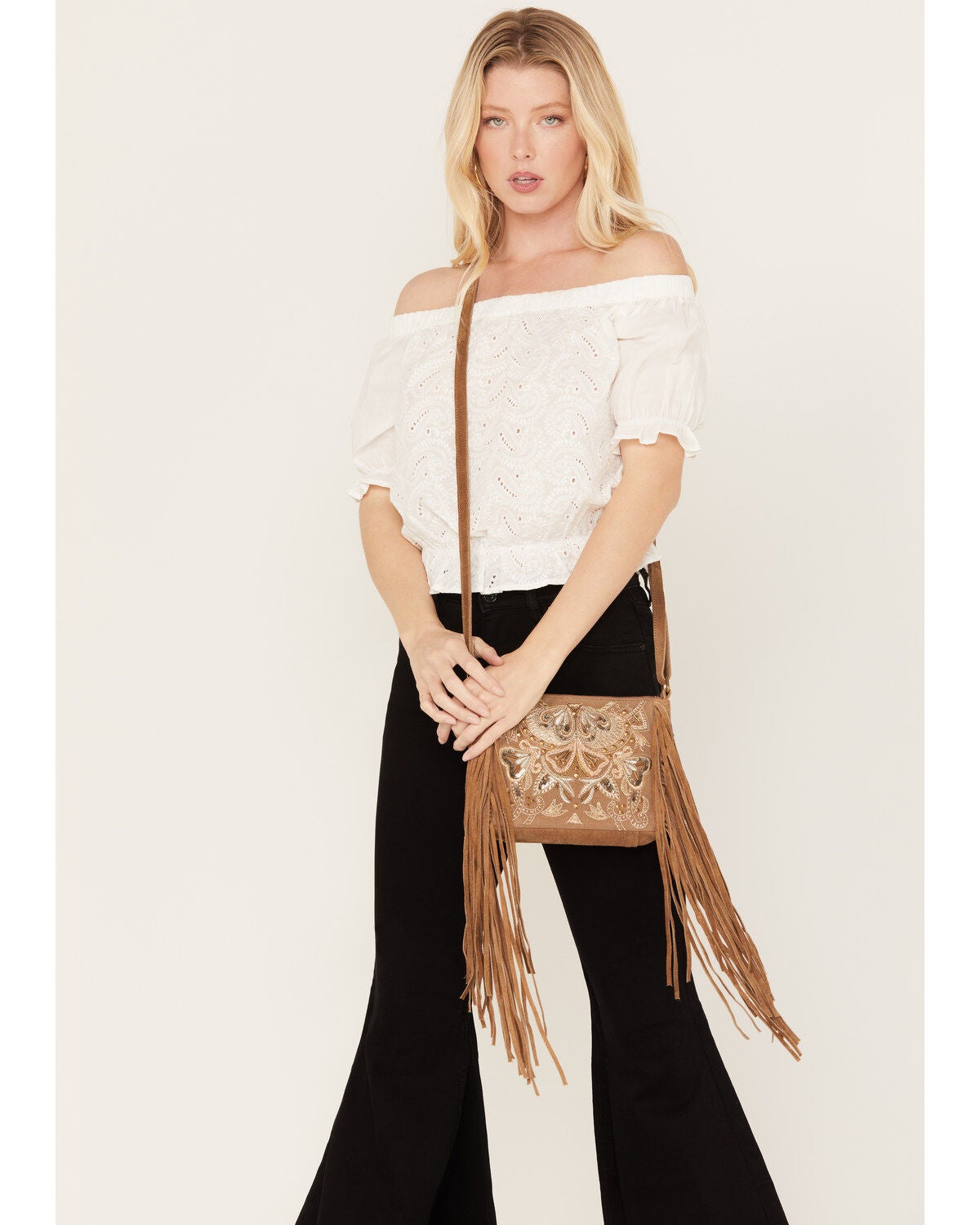Shyanne Women's Light Brown Velvet Embroidered Crossbody Bag, Lt Brown, hi-res
