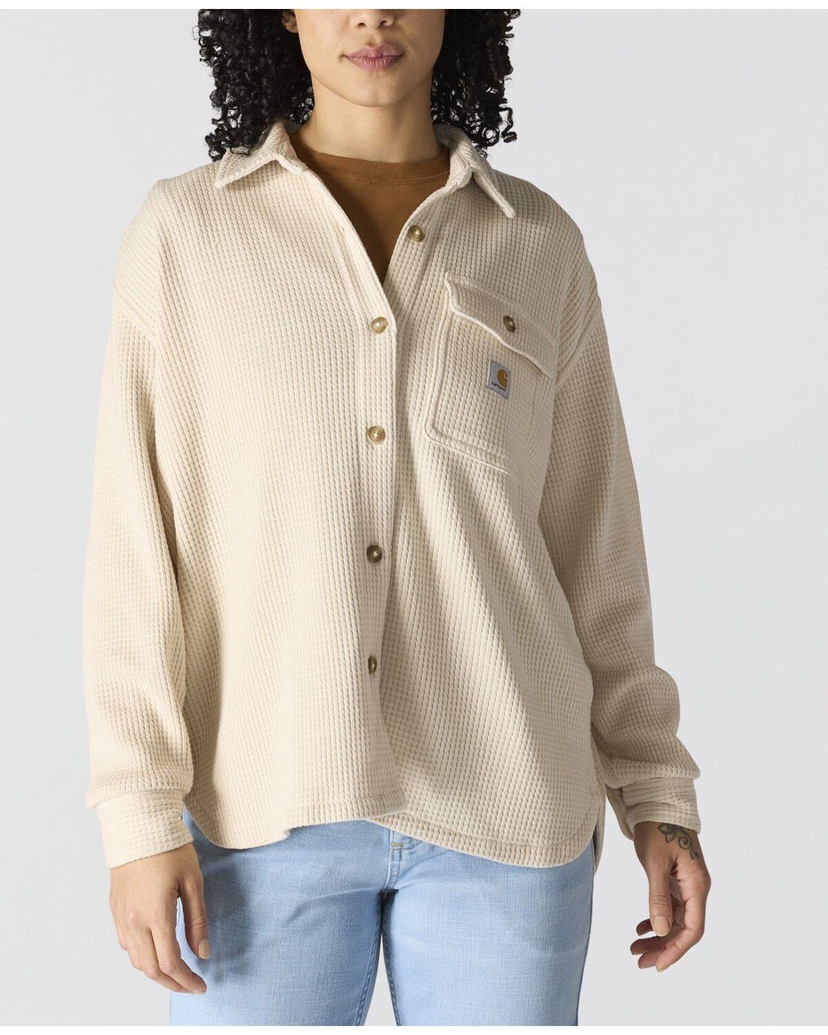 Image #1 - Carhartt Women's Oversized Fit Heavyweight Waffle Knit Work Shirt, Ivory, hi-res