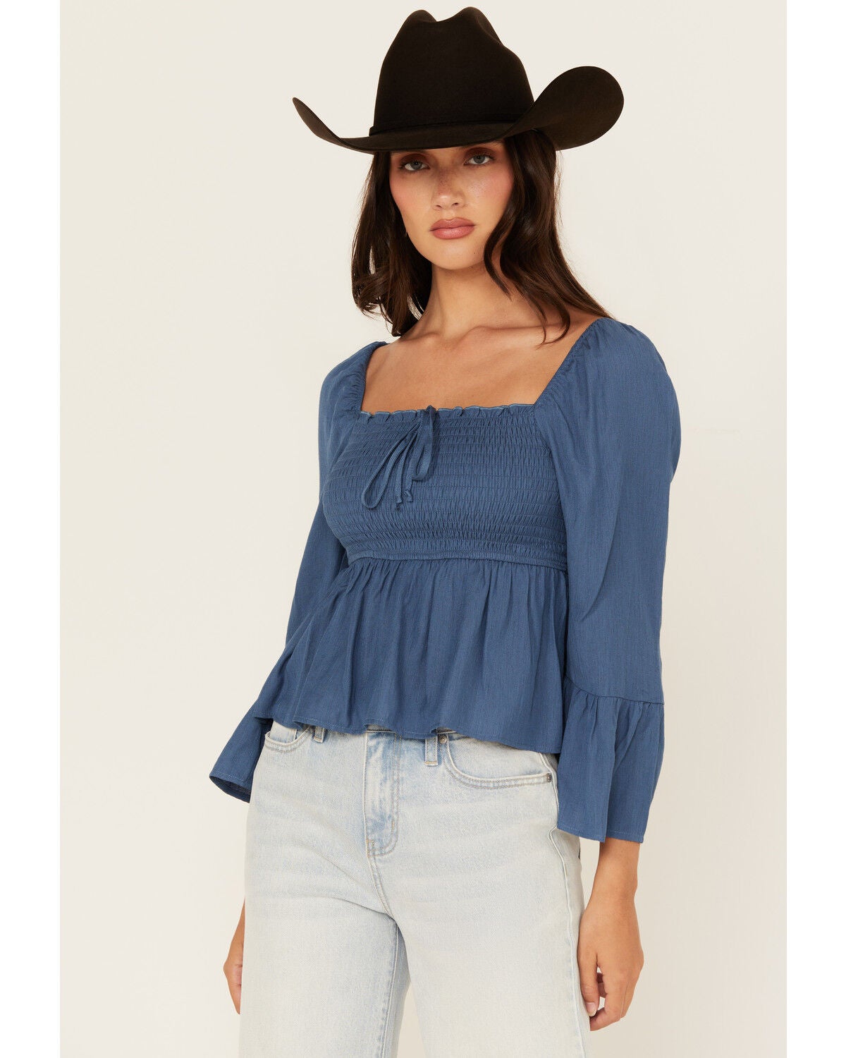 Ash & Violet Women's Smocked Front Bell Sleeve Top, Teal, hi-res
